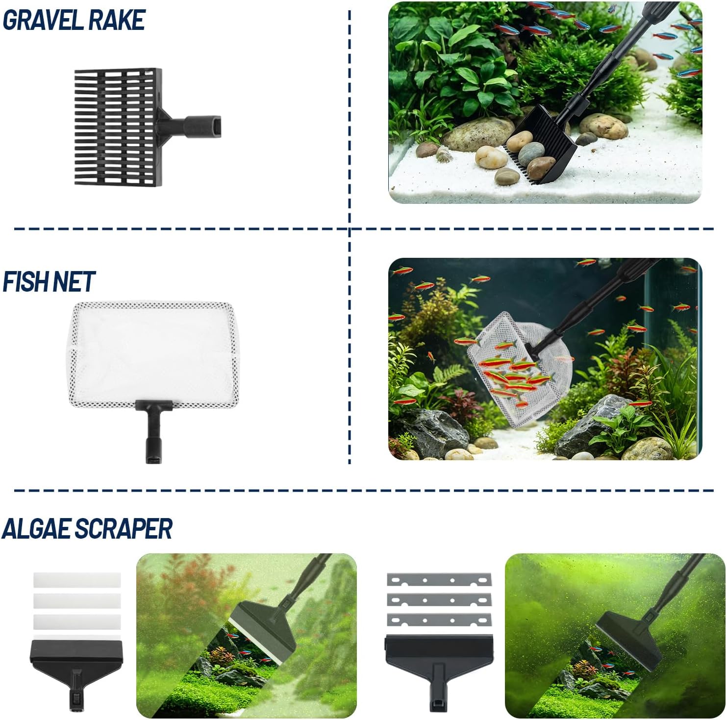 Durable aquarium fish net skimming floating debris and plant trimmings from water surface