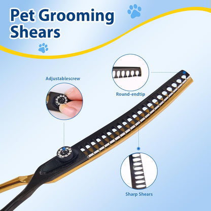 Hyzrqwyw black and gold professional pet thinning scissors displayed flat on a clean grooming table.