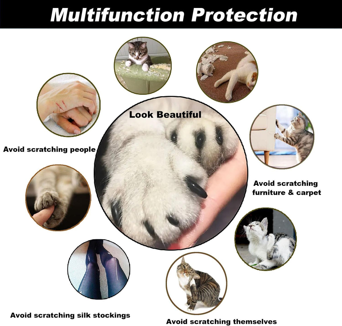 Detailed application guide showing how to place soft claw covers on paws