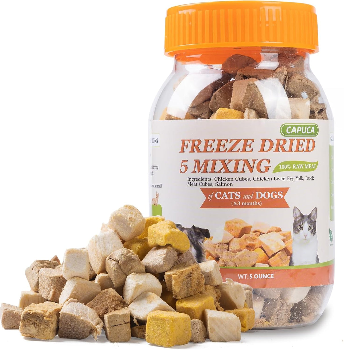 Capuca freeze dried quail bird rewards being crumbled over pet food
