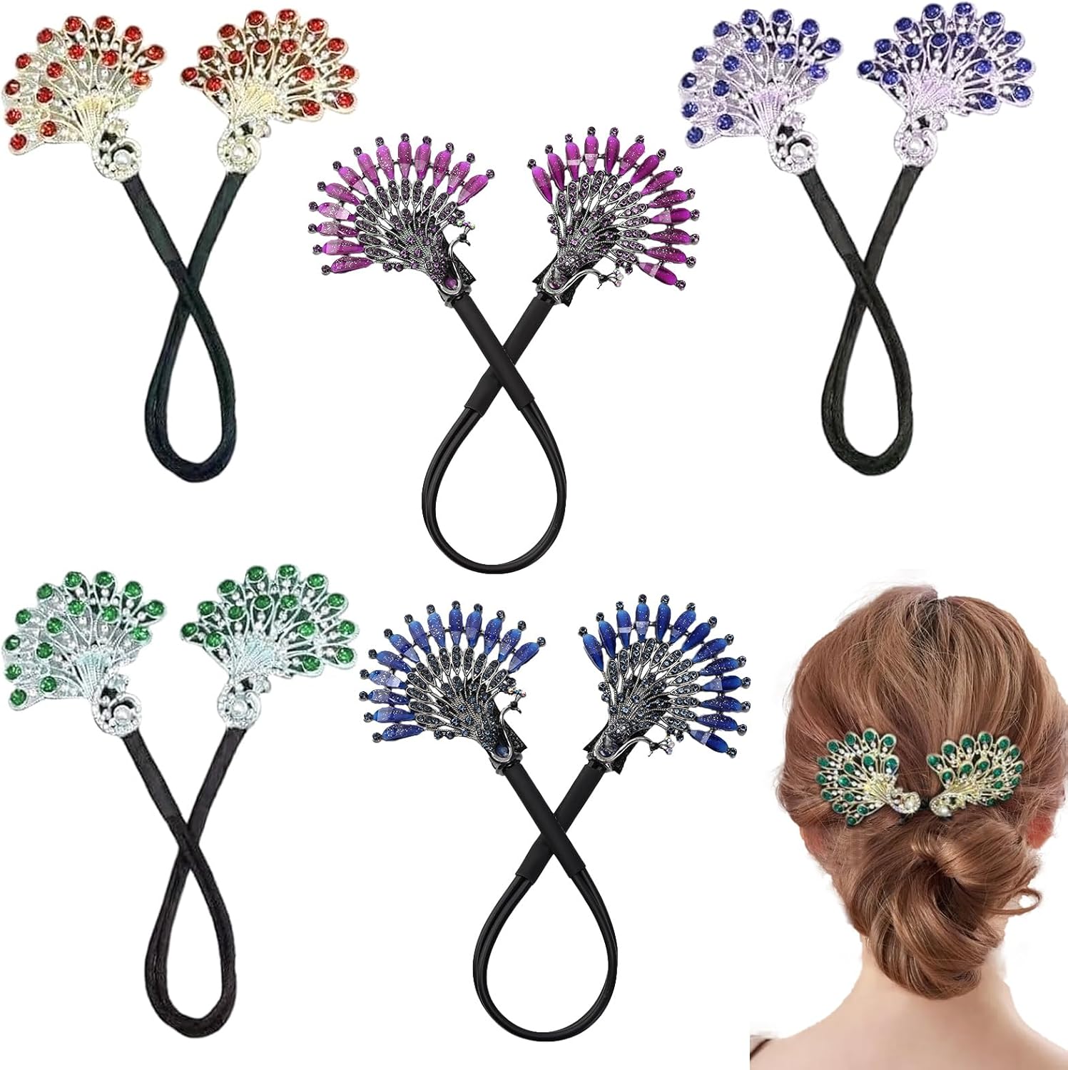 Heogacinlia crystal hair bun maker front view displaying five peacock shape rhinestone clips