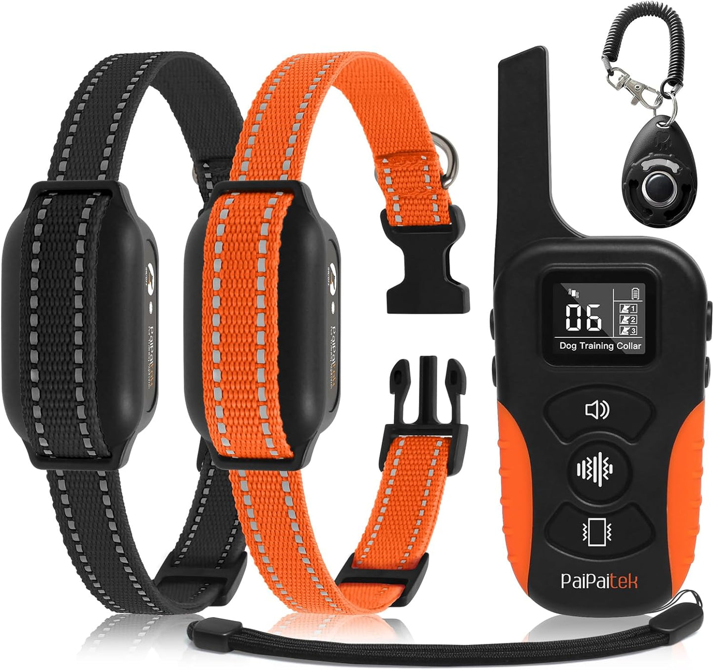 PaiPaitek dog vibration collar front view showing the remote control and two receiver collars for humane training.