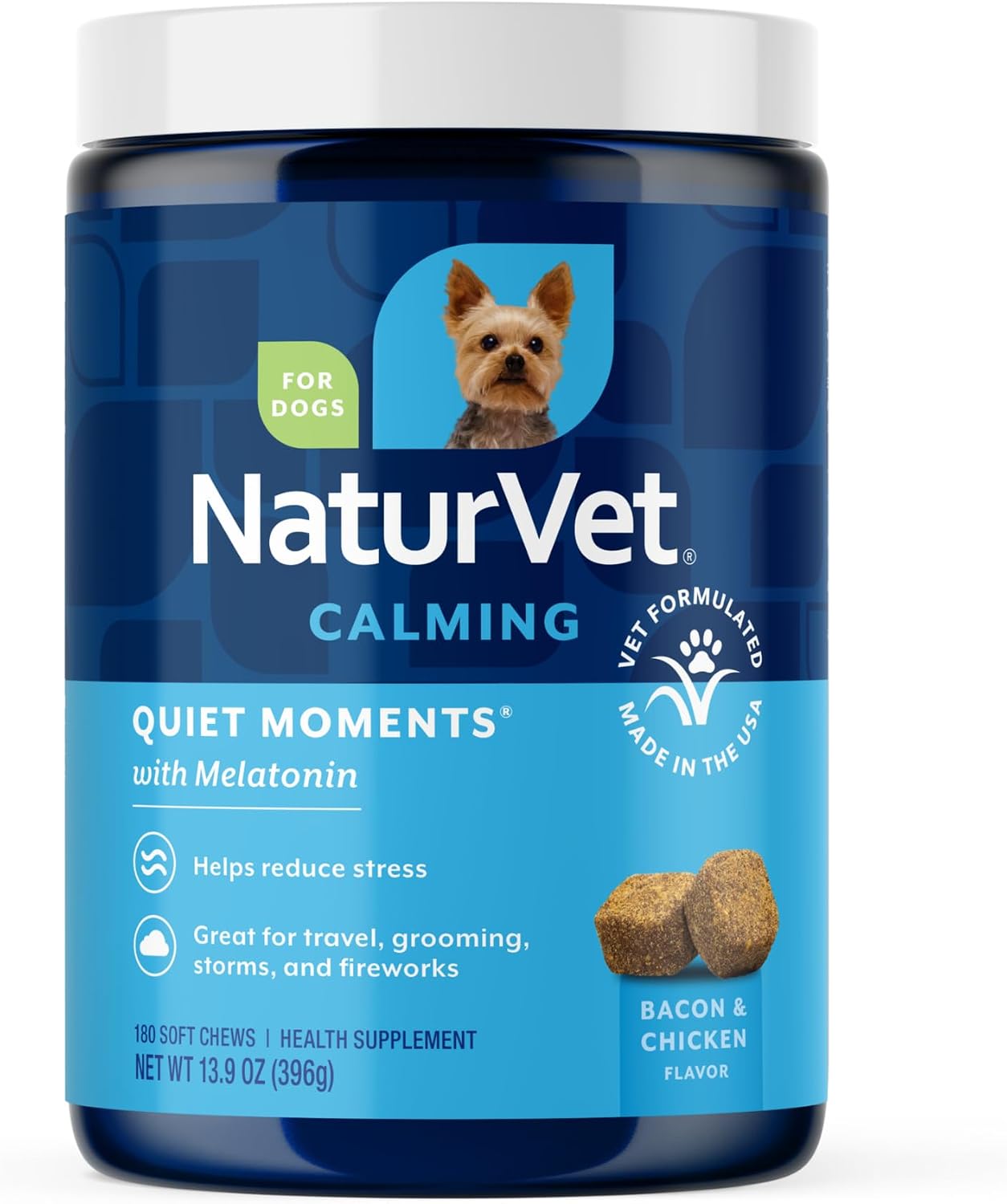 NaturVet Quiet Moments Calming Dog Supplement, Dog Soft Chews with Melatonin to Help Reduce Stress from Storms, the Vet, Fireworks, and Travel, Bacon and Chicken Flavored Pet Supplement, 70 Count Jar - Image 13