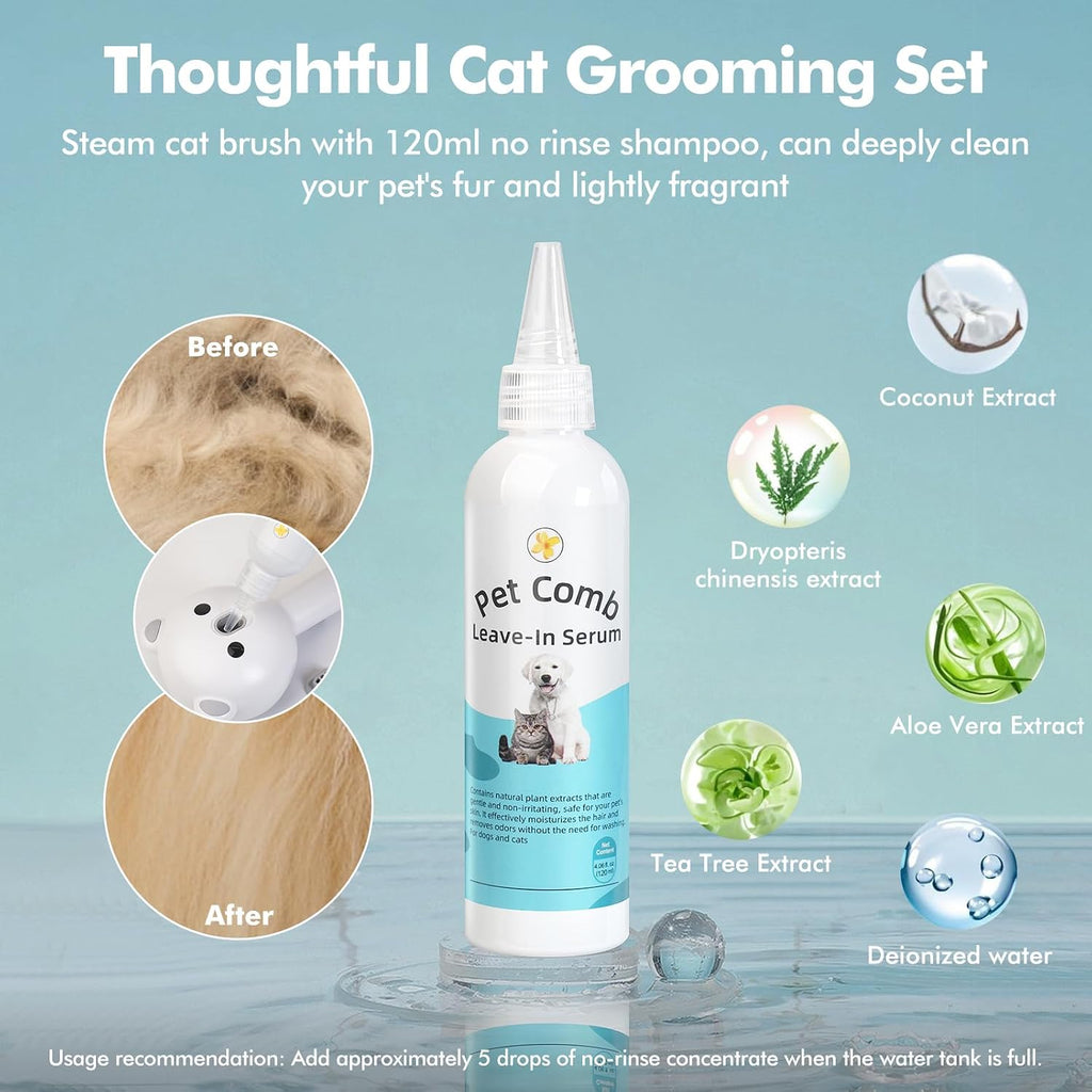 Included waterless shampoo bottle with pet grooming tool