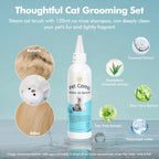 Included waterless shampoo bottle with pet grooming tool