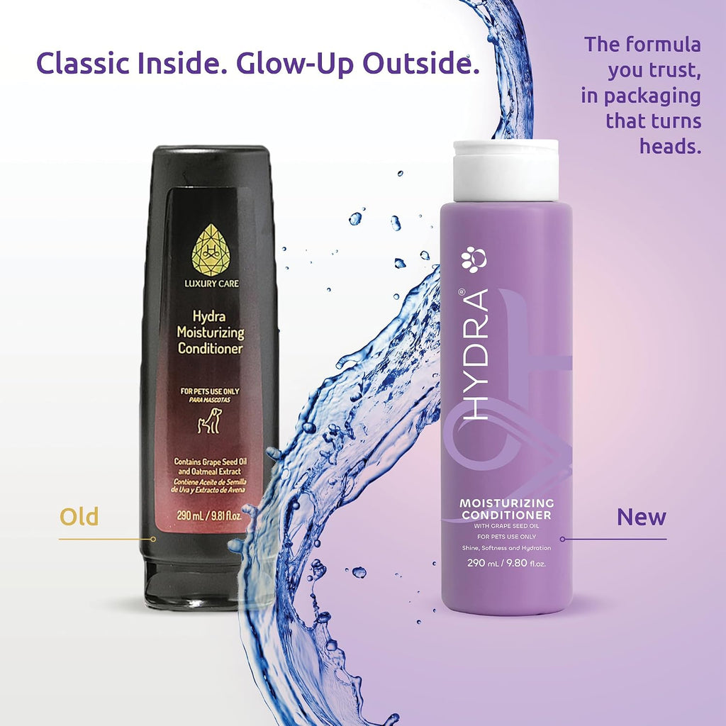 Hydra pet care moisturizing conditioner showing grape seed oil benefits