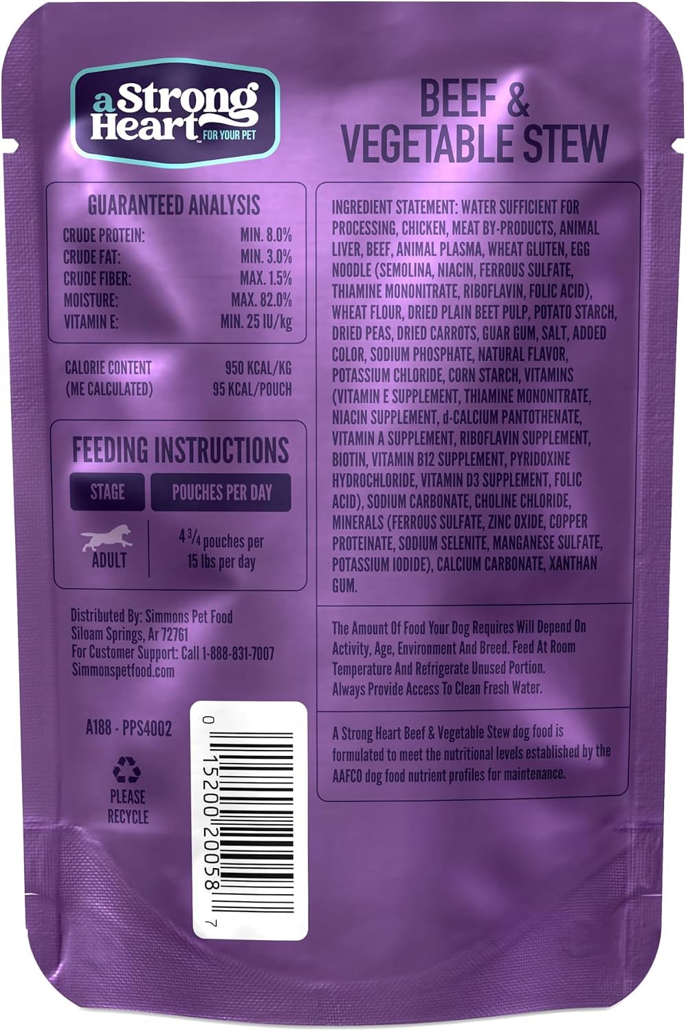 Nutritional information label on A Strong Heart dog food pouch