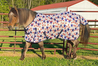 Side view of the American flag star design horse fly sheet with cross surcingles.