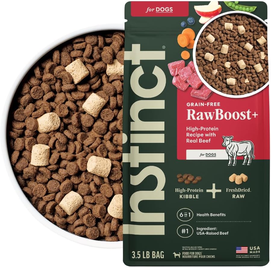 Premium 20 pound bag of Instinct RawBoost real beef kibble for dogs
