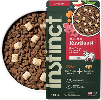 Premium 20 pound bag of Instinct RawBoost real beef kibble for dogs