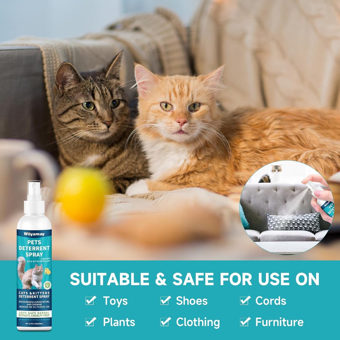 Woyamay pet deterrent bottle next to a domestic cat showing safe indoor training application