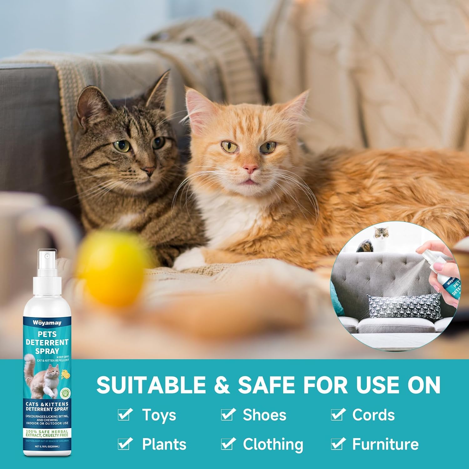 Woyamay pet deterrent bottle next to a domestic cat showing safe indoor training application