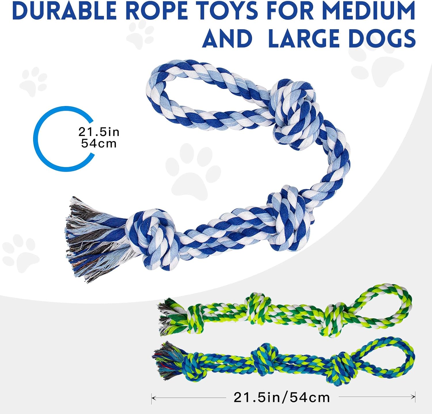 Three multicolor cotton pet tug of war ropes with three knots each for dental cleaning
