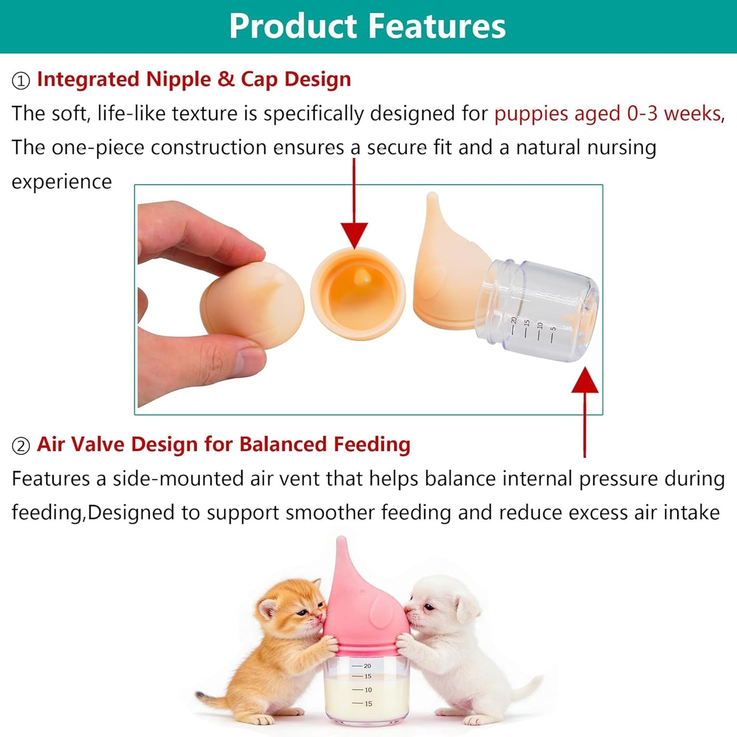 Close up of the anti choking pressure valve mechanism on the pet nursing bottle.