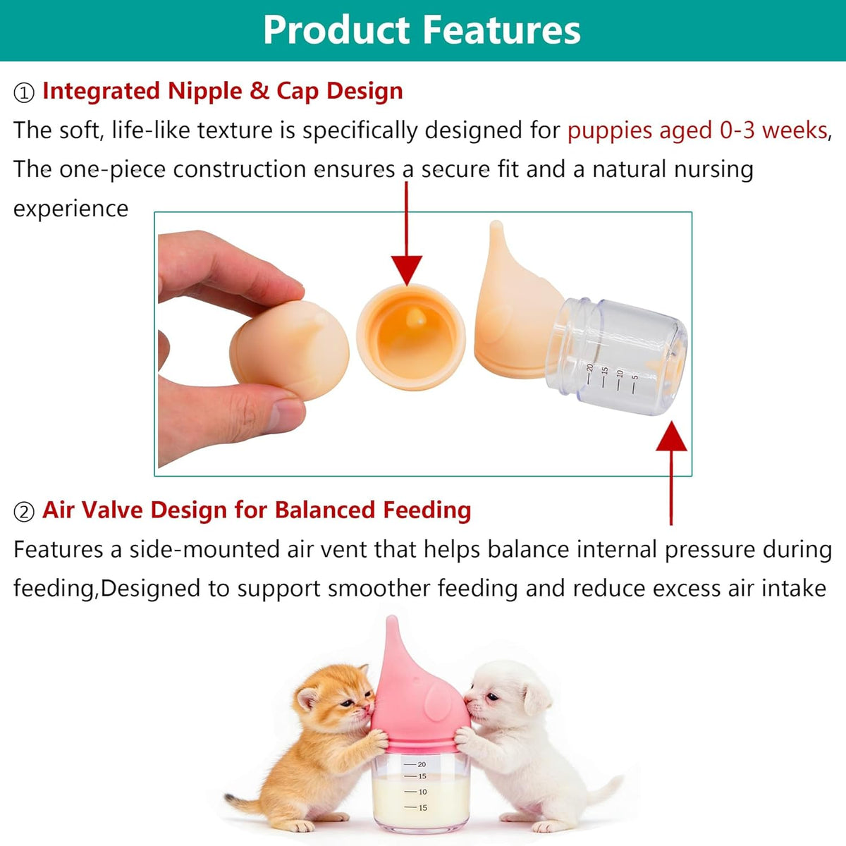 Close up of the anti choking pressure valve mechanism on the pet nursing bottle.