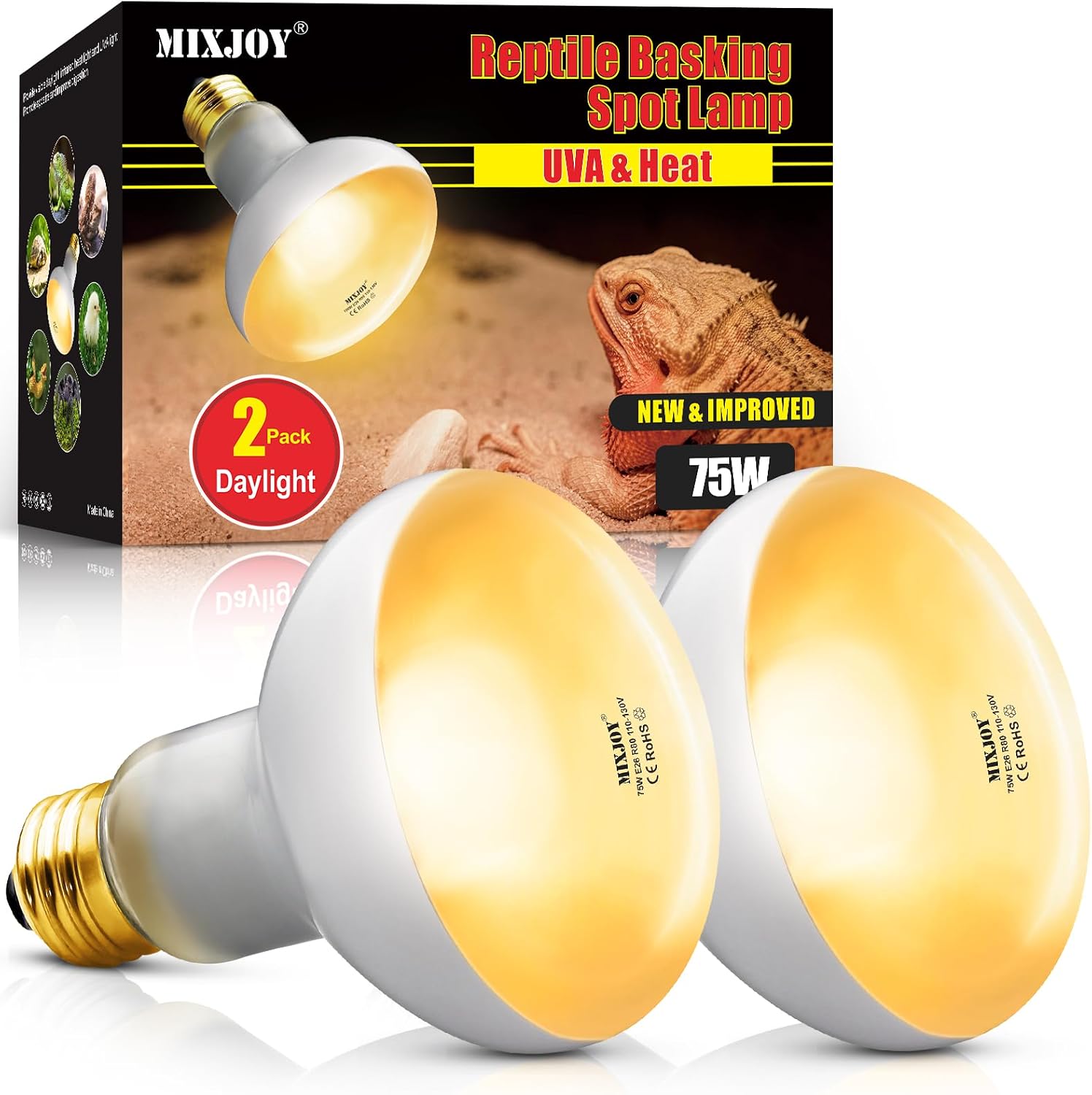 MIXJOY 150W Reptile Heat Lamp Bulbs, 2Pack Heat Lamp Bulbs for Reptiles Basking Bulbs UVA Daylight Basking Light Amphibians Heating Lamp Emitter for Lizard, Tortoise, Bearded Dragon Gecko, Chicken - Image 10