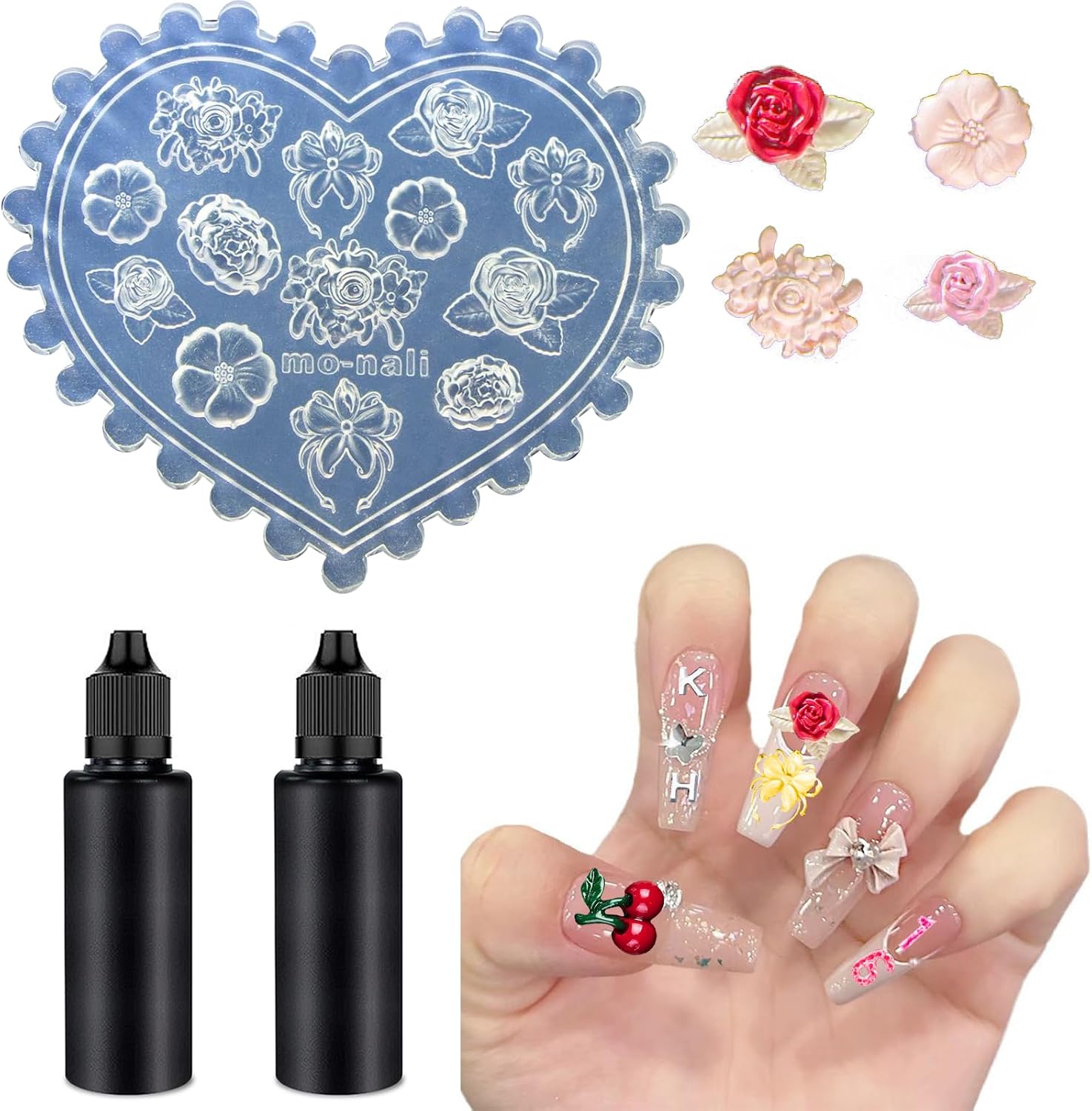 Yizitu 3D cherry and strawberry nail art silicone mold kit front view.