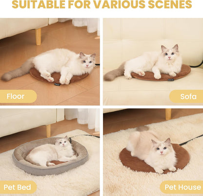 Thermostat controlled electric puppy warming mat safe for indoor living rooms.