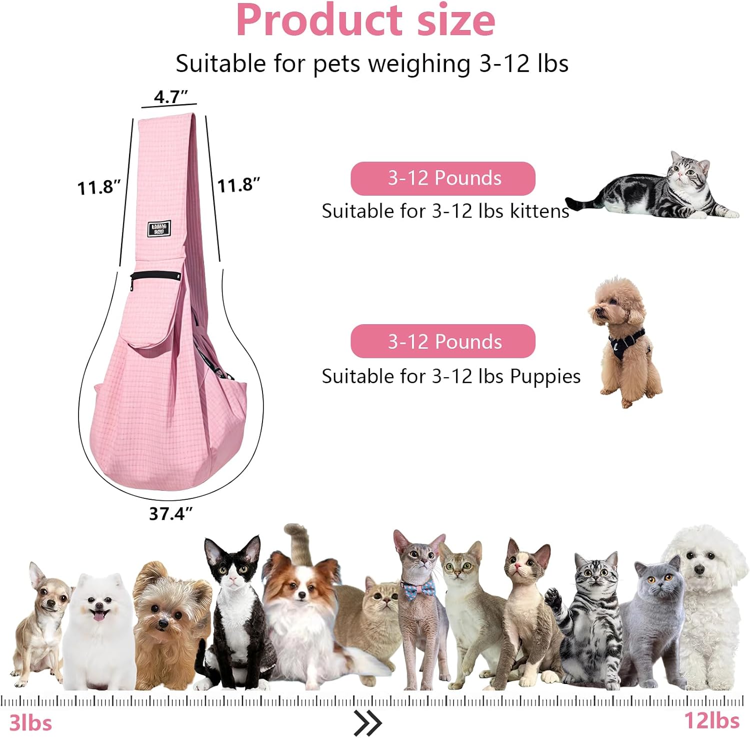 Pink waterproof dog carrier sling side profile with storage pocket