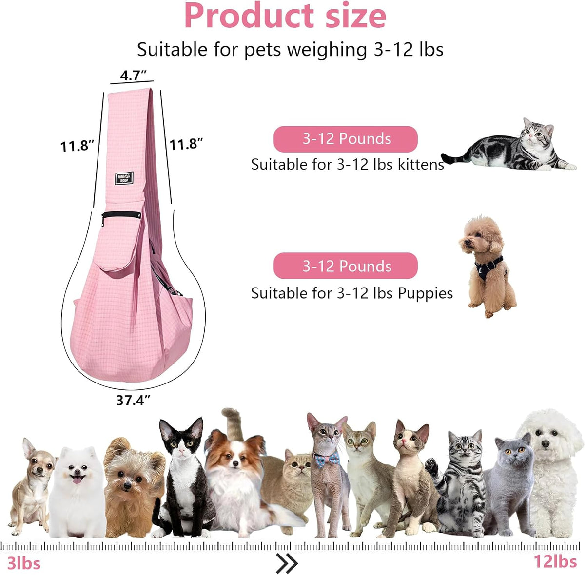 Pink waterproof dog carrier sling side profile with storage pocket