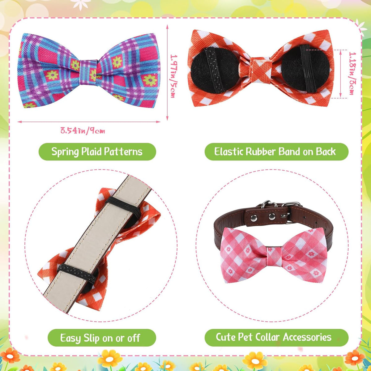 Assorted colorful checkered puppy bow ties spread out on a clean surface