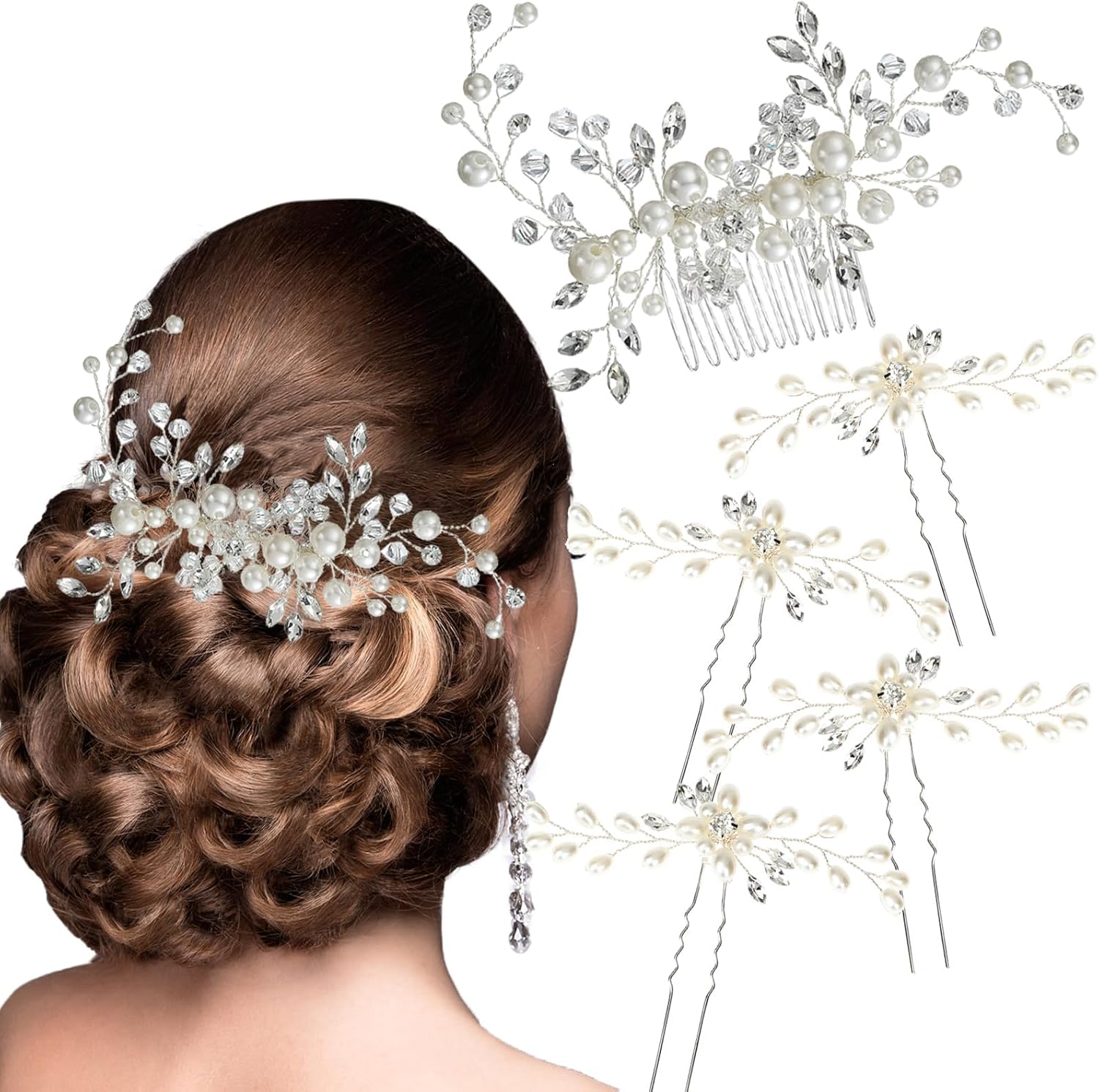 ULTIMUTE wedding hair accessories set showcasing silver crystal comb and matching pins front view