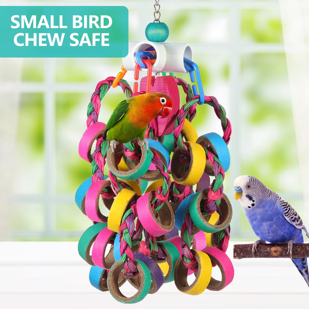 LovyoCoCo bird shredder toy hanging from a metal cage hook.