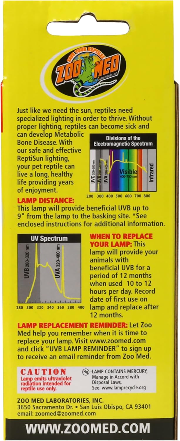 Zoo Med ReptiSun packaging side profile showing technical specifications