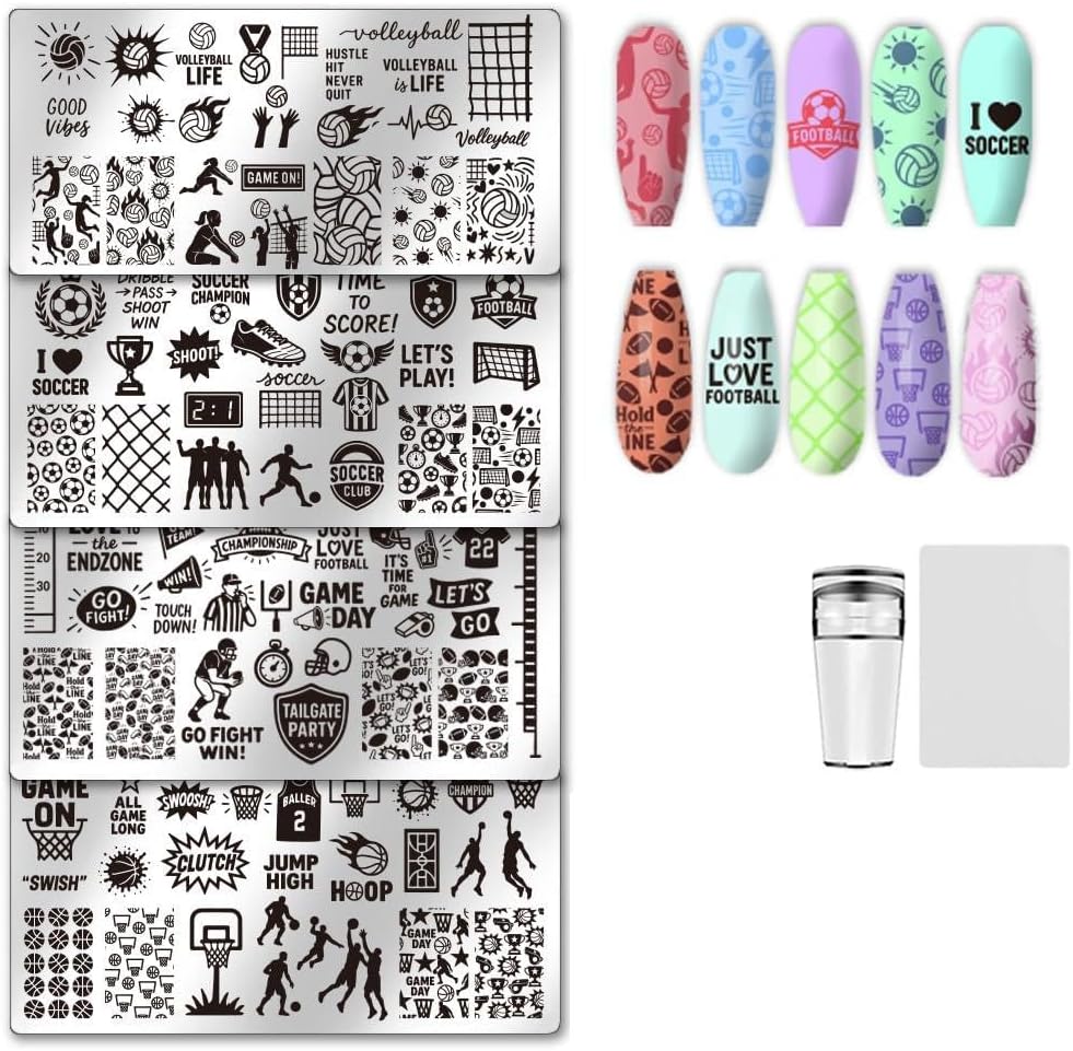 Rolabling Unicraftale four pieces nail stamp plates set front view showcasing sport and leaf designs
