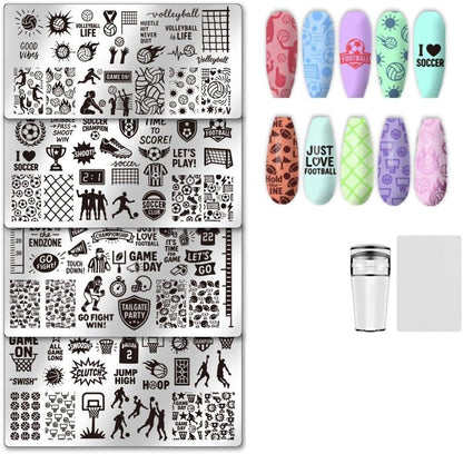 Rolabling Unicraftale four pieces nail stamp plates set front view showcasing sport and leaf designs