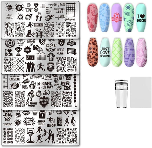 Rolabling Unicraftale four pieces nail stamp plates set front view showcasing sport and leaf designs