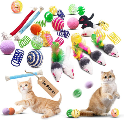 YULOYI interactive cat toy variety pack front view showing 34 colorful pieces for indoor kittens.