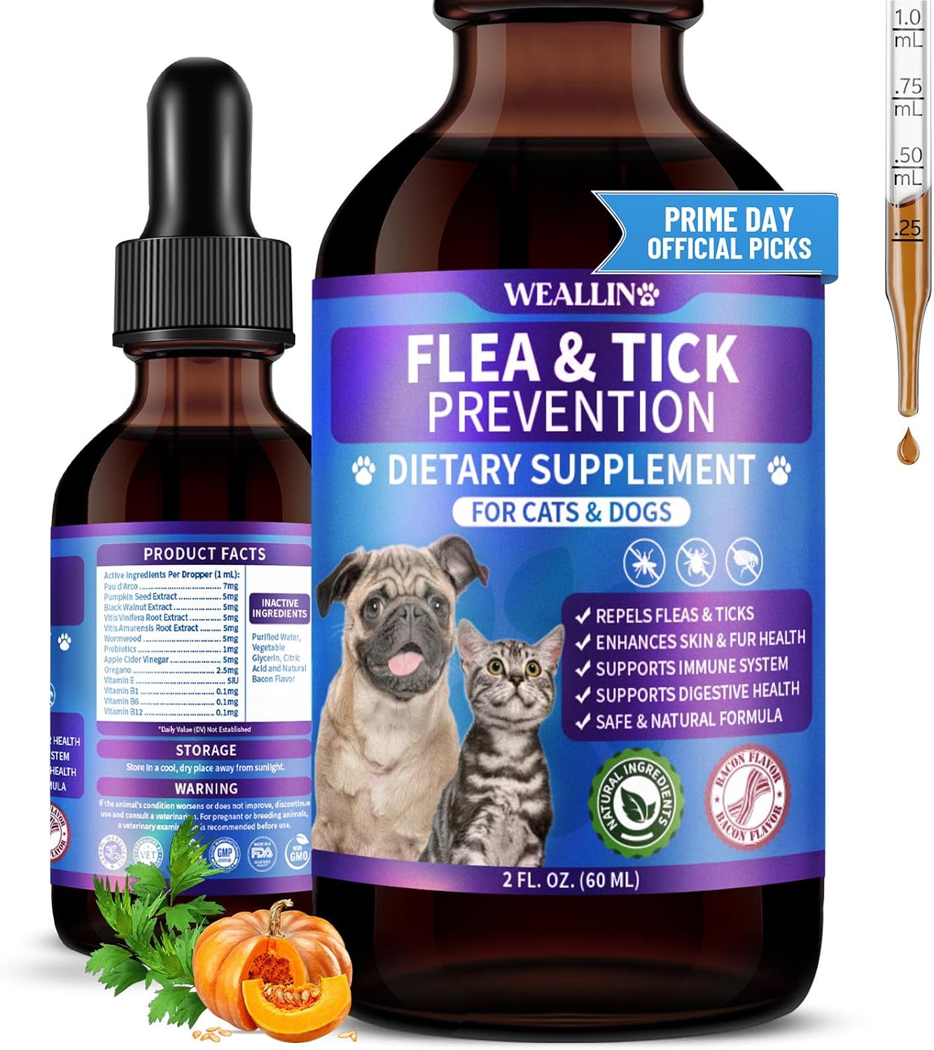 WEALLIN Flea and Tick Prevention Support Drops front view bottle with dropper