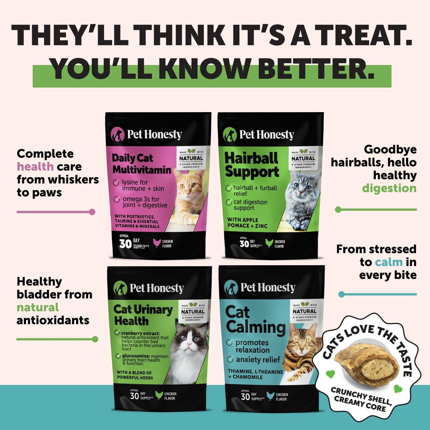 Cat eating Pet Honesty hairball support chews