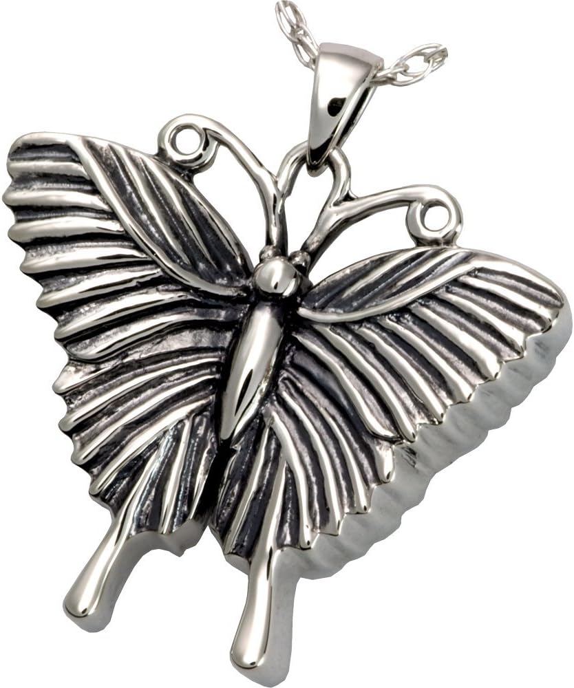 Premium gold plated butterfly pet keepsake urn necklace displayed with its matching 18-inch chain.