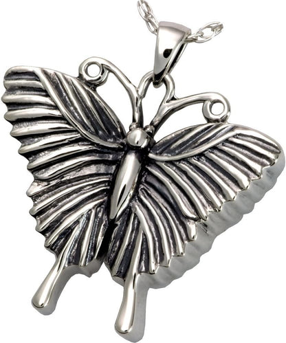 Premium gold plated butterfly pet keepsake urn necklace displayed with its matching 18-inch chain.
