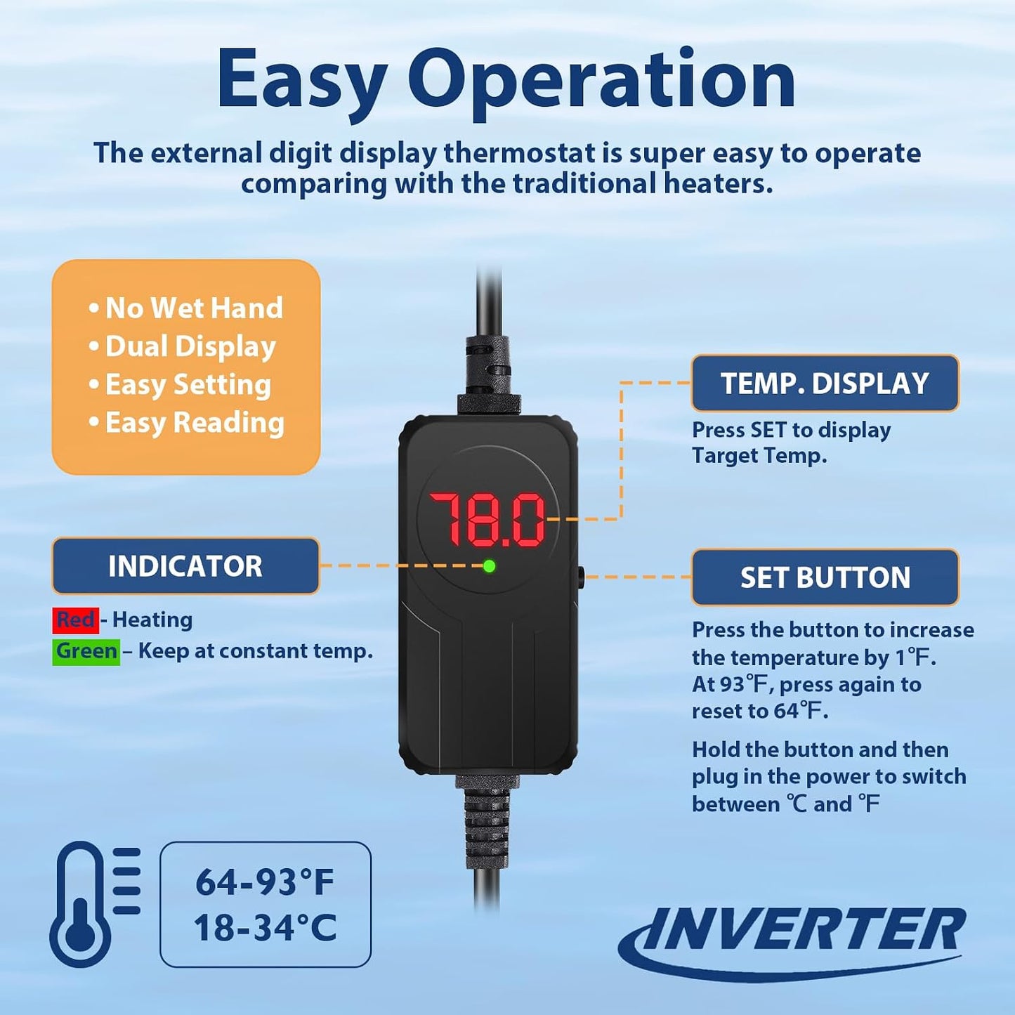 AquaMiracle fish tank heater showing protective housing and safety design