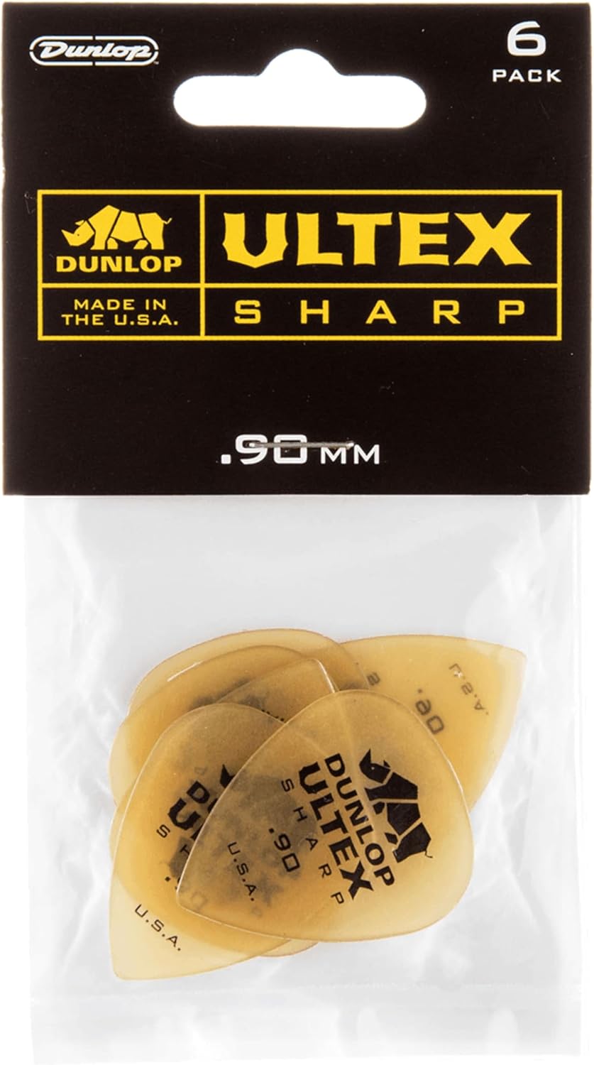 Six pack of authentic yellow Jim Dunlop Ultex Sharp premium guitar accessories.