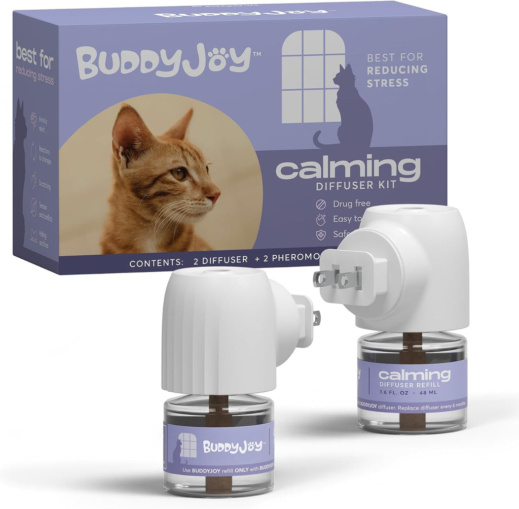 Buddyjoy Cat Calming Diffuser Refills front view package showing two plug-in diffusers and two pheromone bottles.