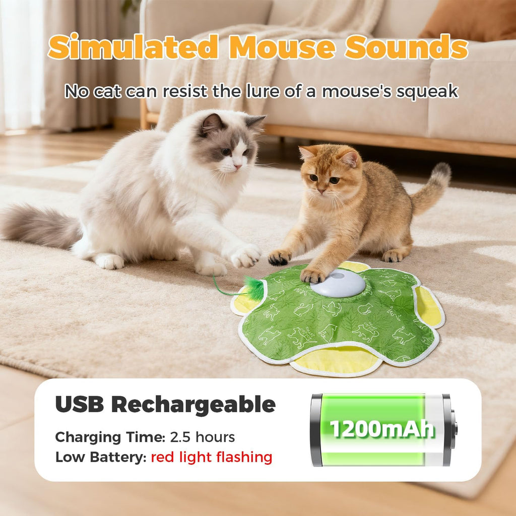 Motion activated automatic cat toy for bored indoor adult cats showing the micro USB charging port location