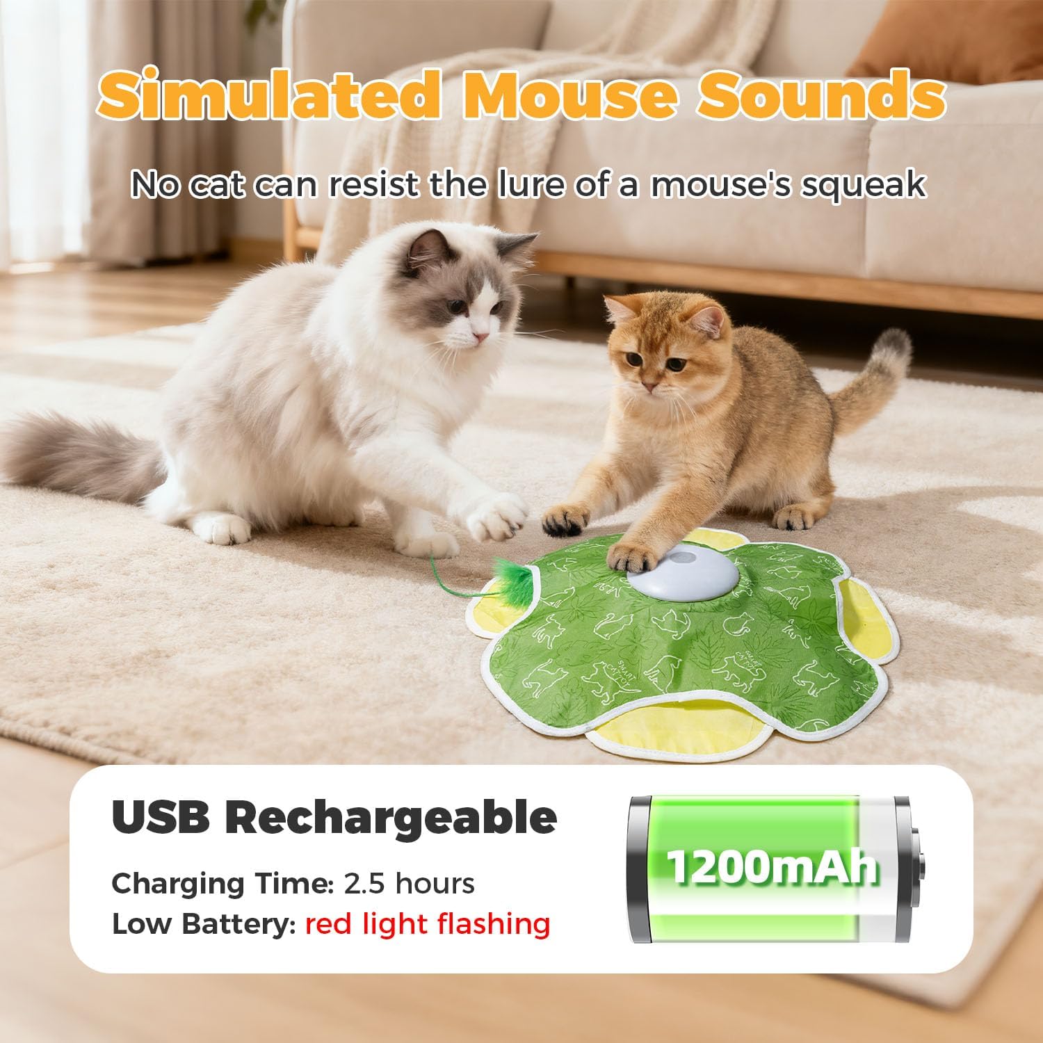 Motion activated automatic cat toy for bored indoor adult cats showing the micro USB charging port location
