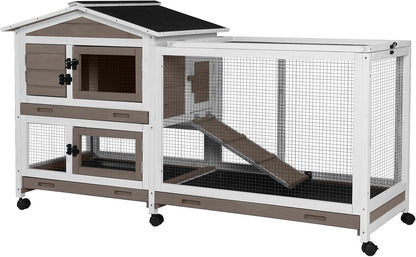 Aivituvin Rabbit Hutch 62" Rabbit Cage Indoor Outdoor Chicken Coop Guinea Pig Cage on Wheels Bunny Cage with 3 Deep No Leakage Pull Out Tray,Waterproof Roof (Brown) - Image 1