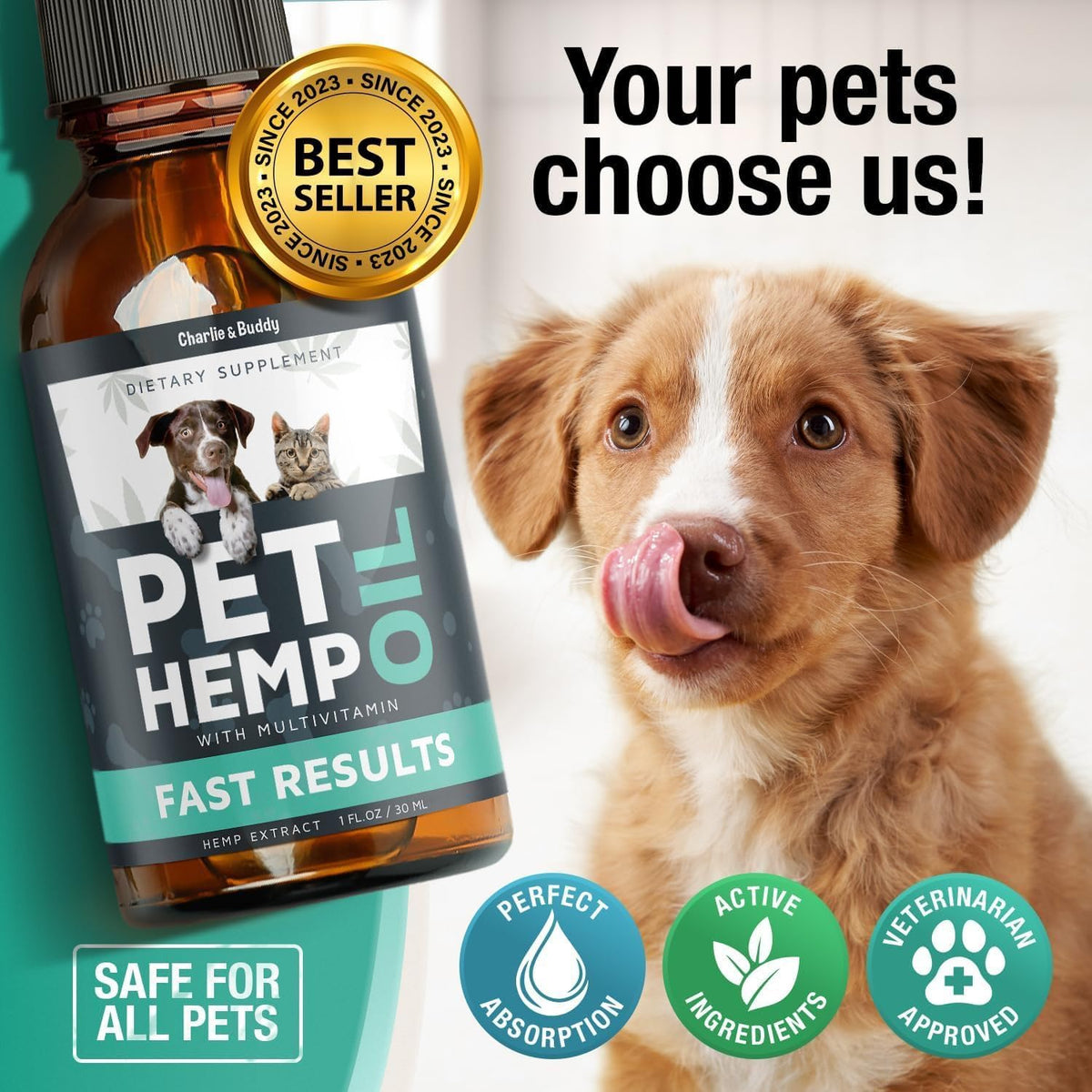 Hemp oil for dogs and cats hip and joint health formula bottle side view.