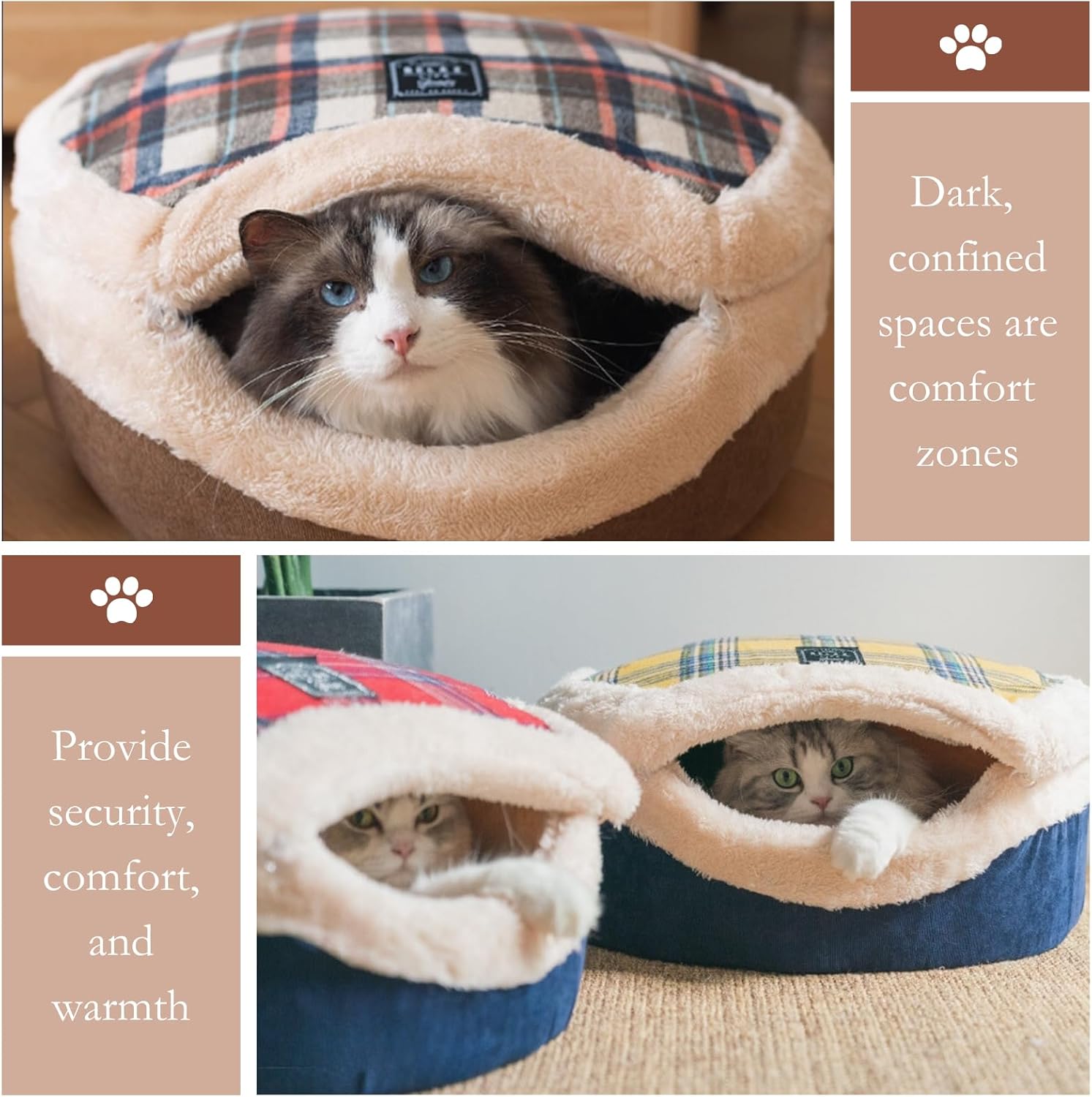 Side view of yellow plaid cat cave nest