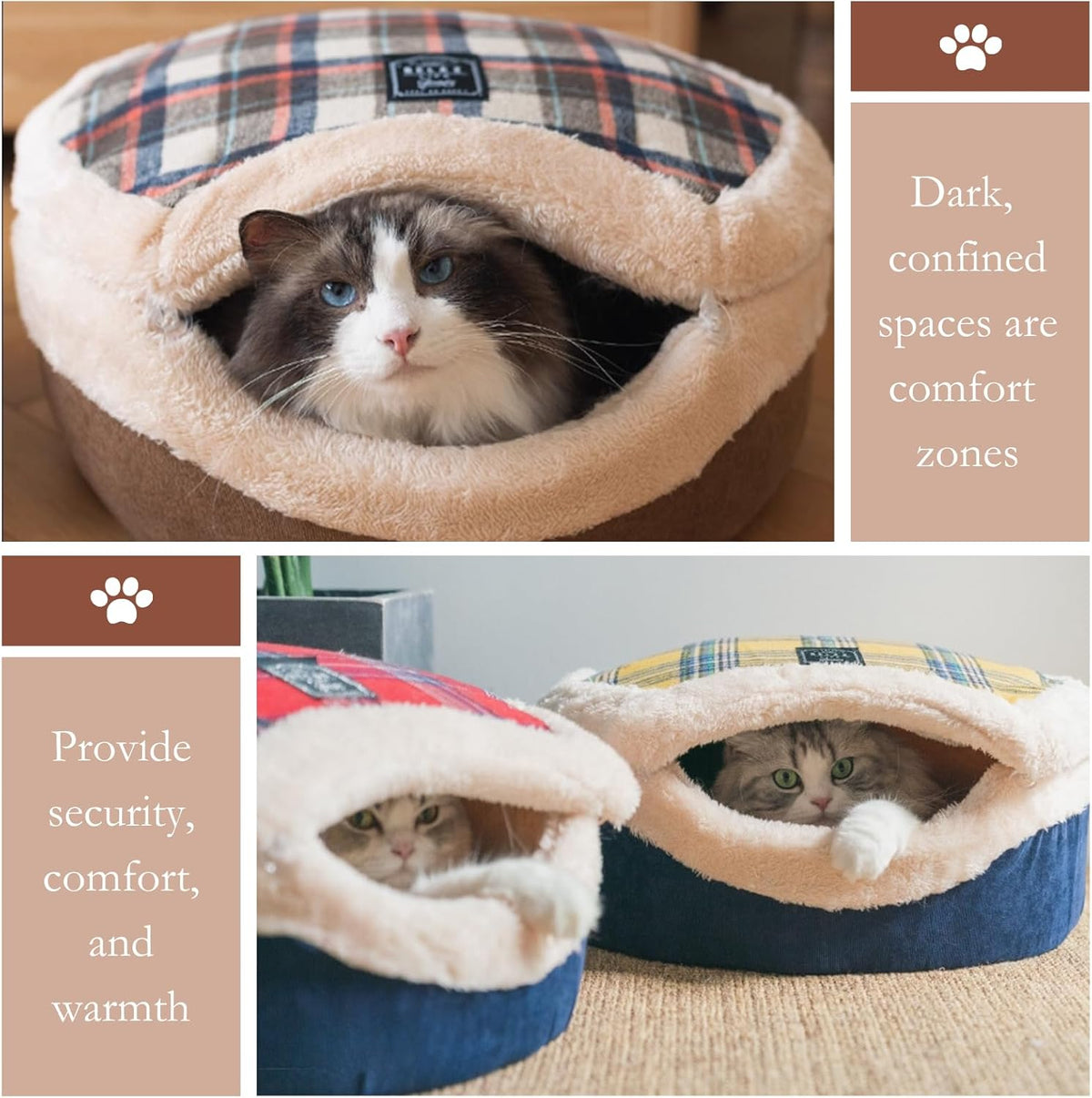 Side view of yellow plaid cat cave nest