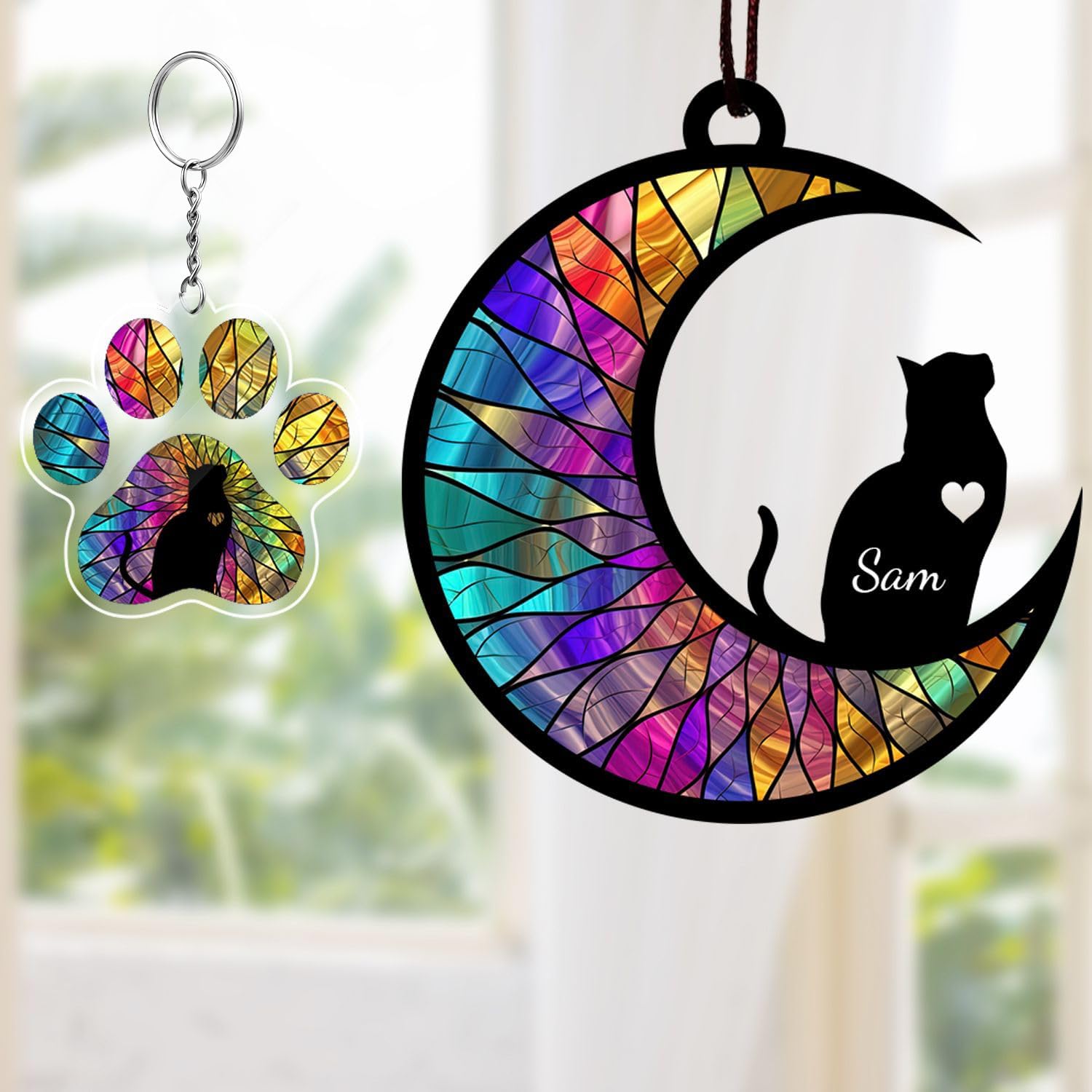 PIKURLUV custom cat memorial suncatcher comparing the different available sizes of four inches and nine inches side by side
