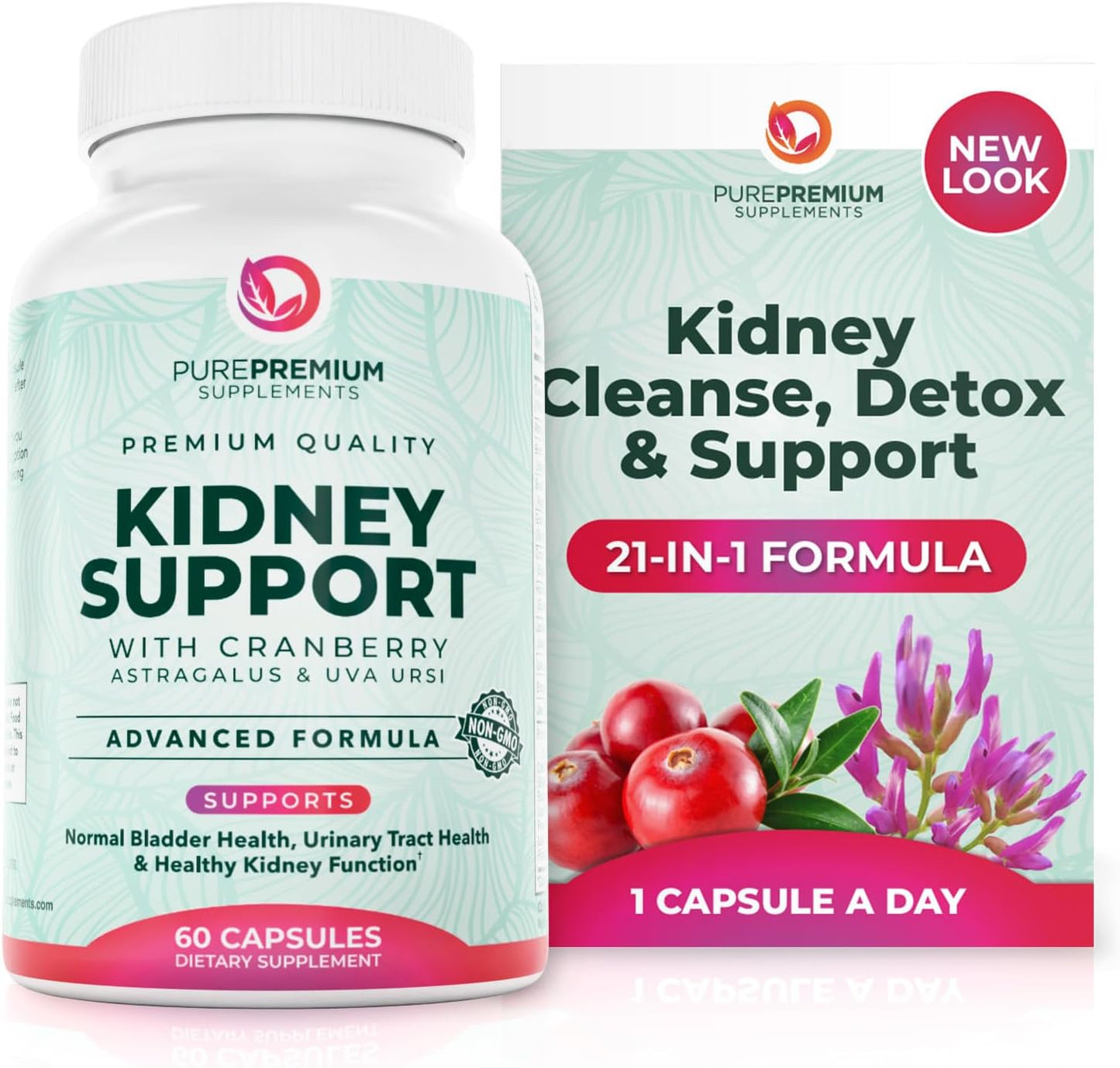 PurePremium Kidney Support and Cleanse 60 capsules front view bottle