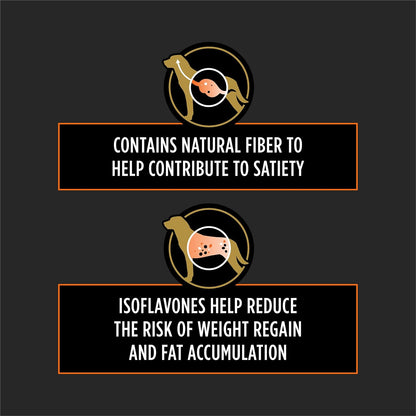 Therapeutic canine weight management dry kibble bag showcasing Urinary Ox and St defense benefit labels