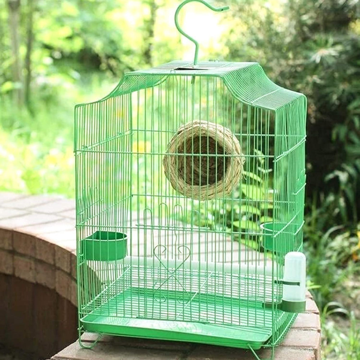 Convenient hanging bird water feeder installed in cage