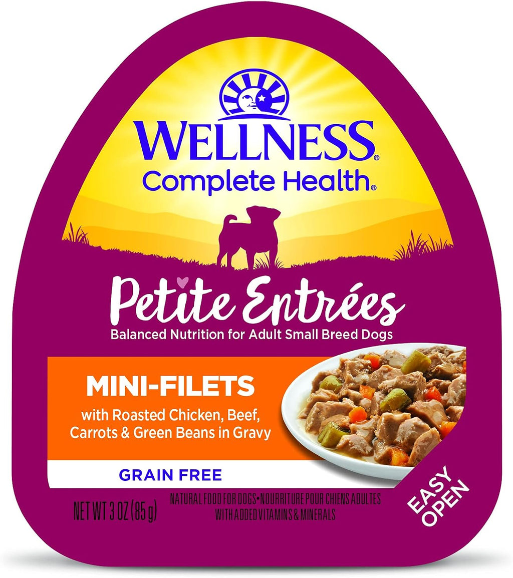 Wellness small breed natural wet food open cup showing real meat textures in gravy
